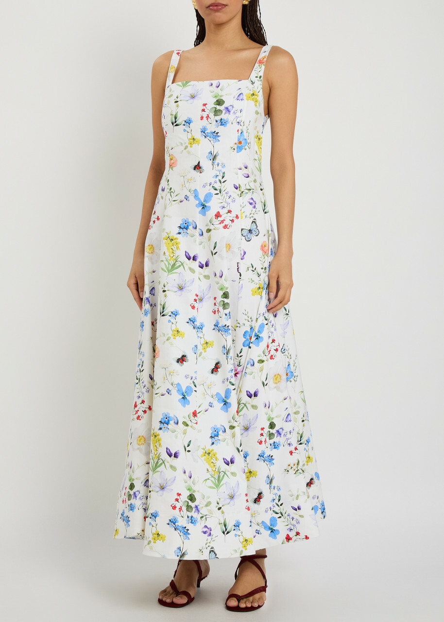 Alice + Olivia Polly Floral Linen-blend Midi Dress Multicoloured