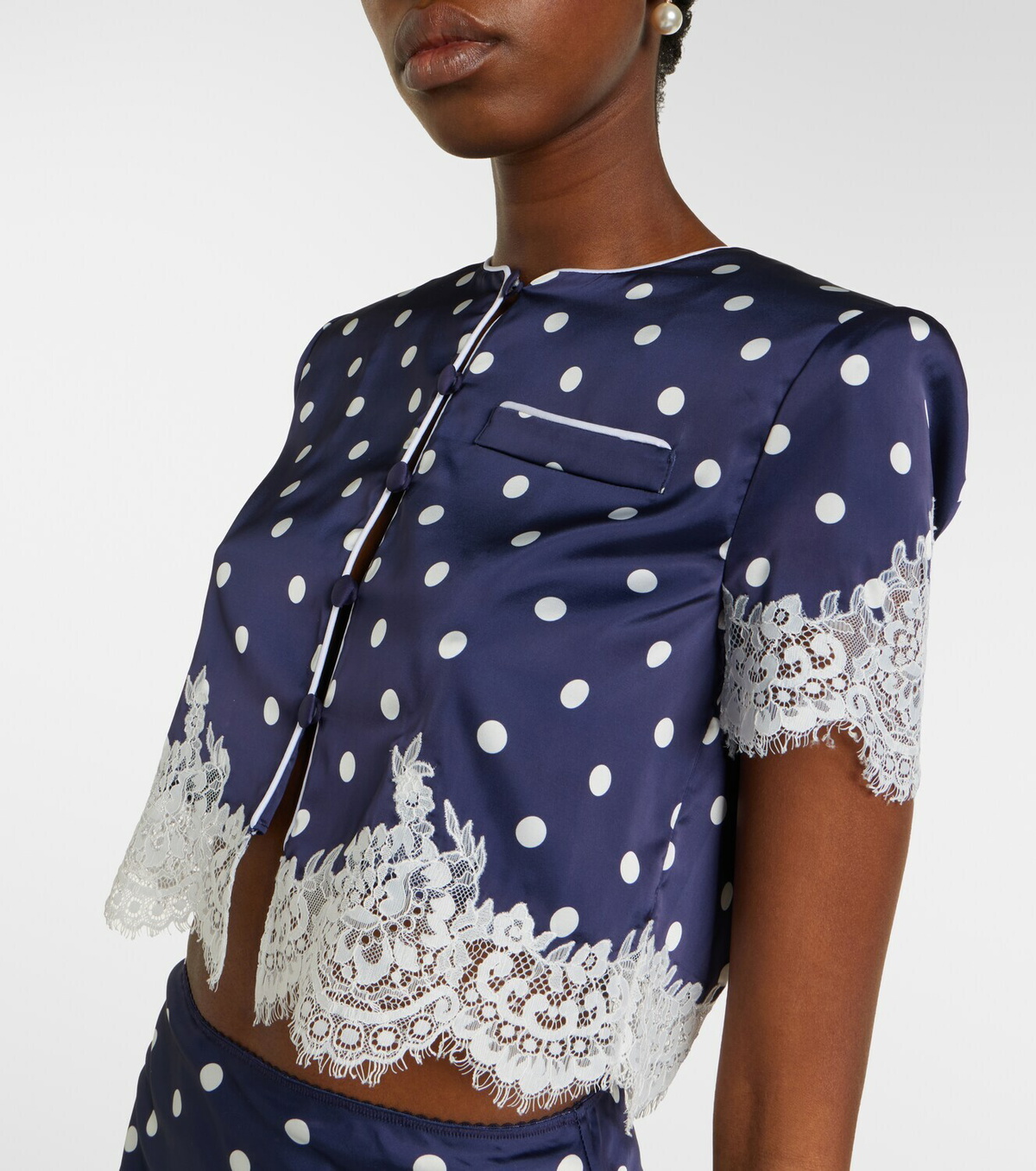 Self-Portrait Lace-trimmed polka-dot satin crop top