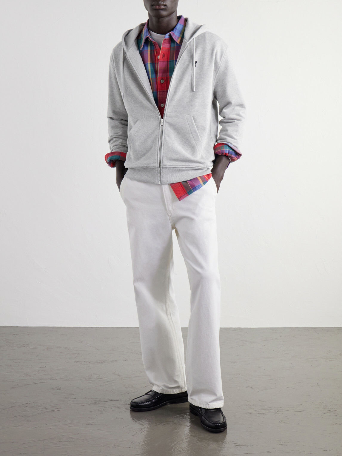 AMI PARIS - Logo-Embroidered Cotton-Jersey Zip-Up Hoodie - Gray