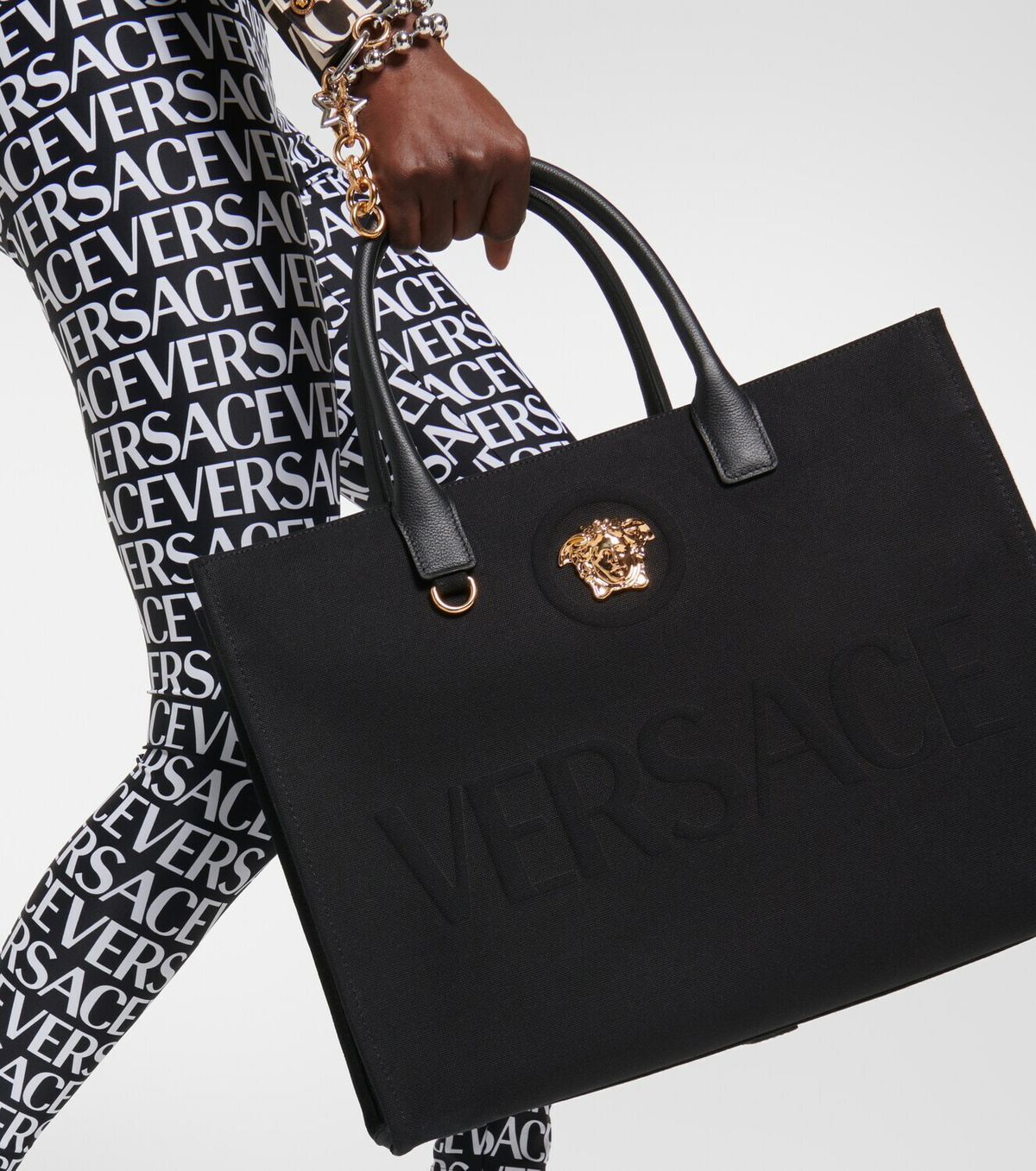 Versace★素敵！Black Canvas Silver Medusa Head Tote Bag La Medusa Mini Tote Bag | VERSACE US