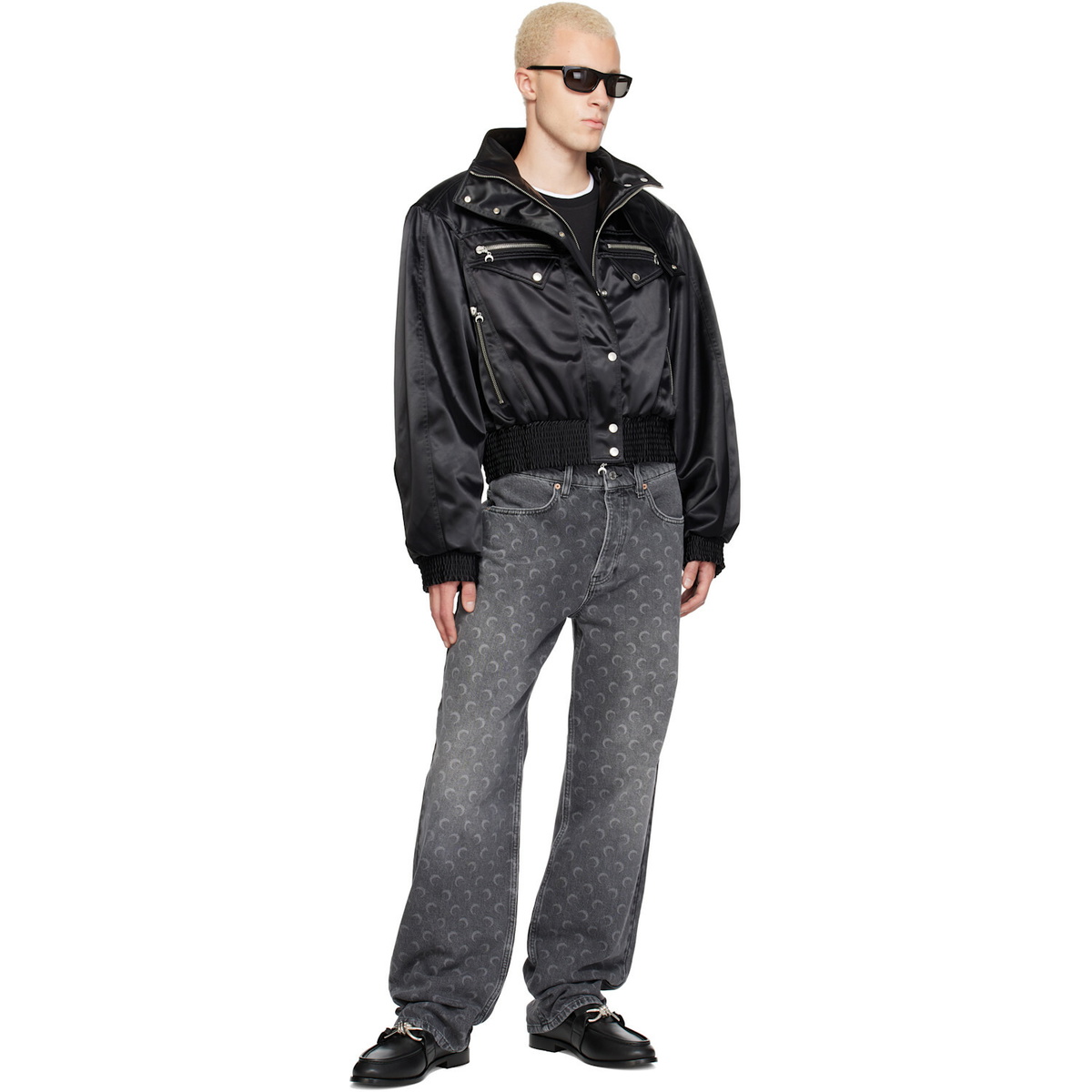 Marine Serre Black Satin Nylon Bomber Jacket