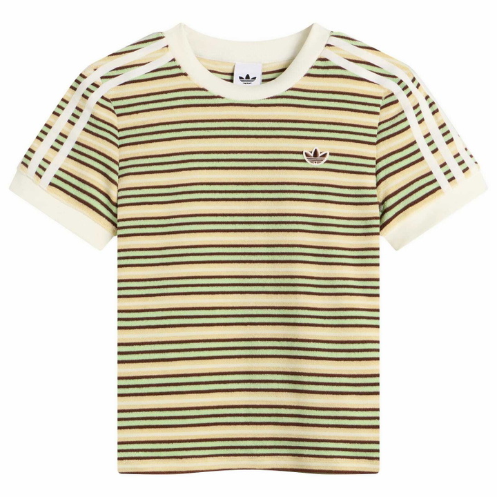 Photo: Adidas Women's Striped Terry T-Shirt in Multicolor/Easy Yellow