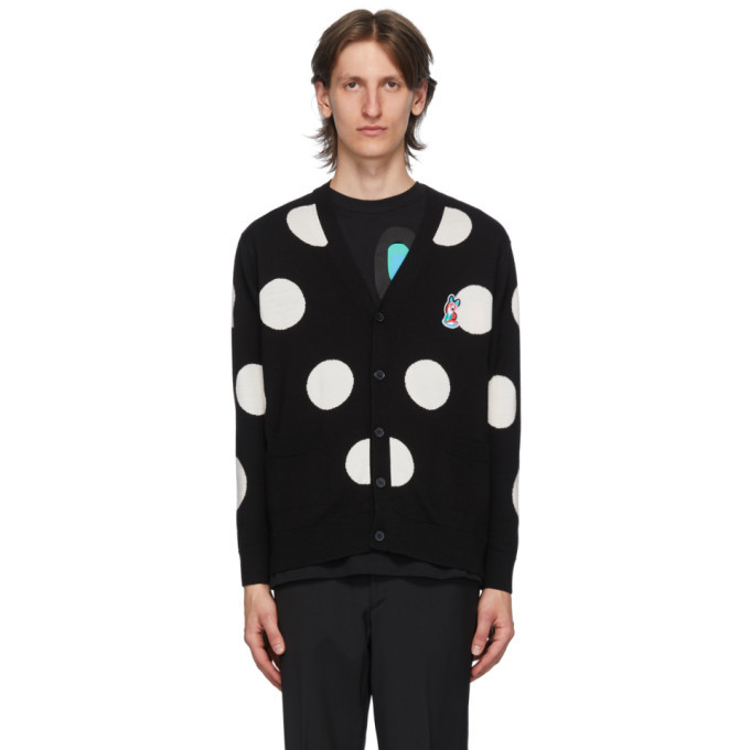 MAISON KITSUNE◆CARDIGAN DOTS ACIDE FOX PATCH/L/ウール/BLK/ドット/KMK-38510-B Maison Kitsune Black Wool Dots ACIDE Fox Patch Cardigan