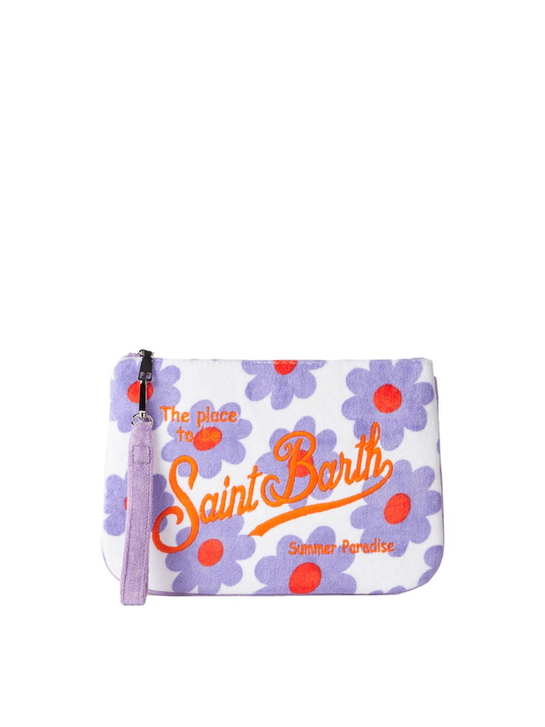 Photo: MC2 Saint Barth Parisienne Terry Pouch Bag With Violet And Orange Daisy Print