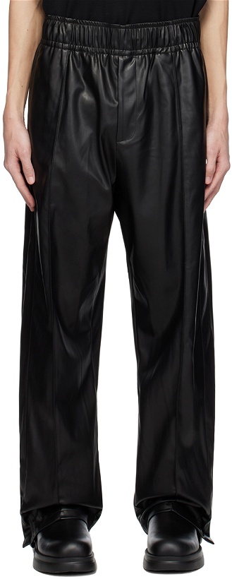 Photo: Wooyoungmi Black Drawstring Faux-Leather Trousers