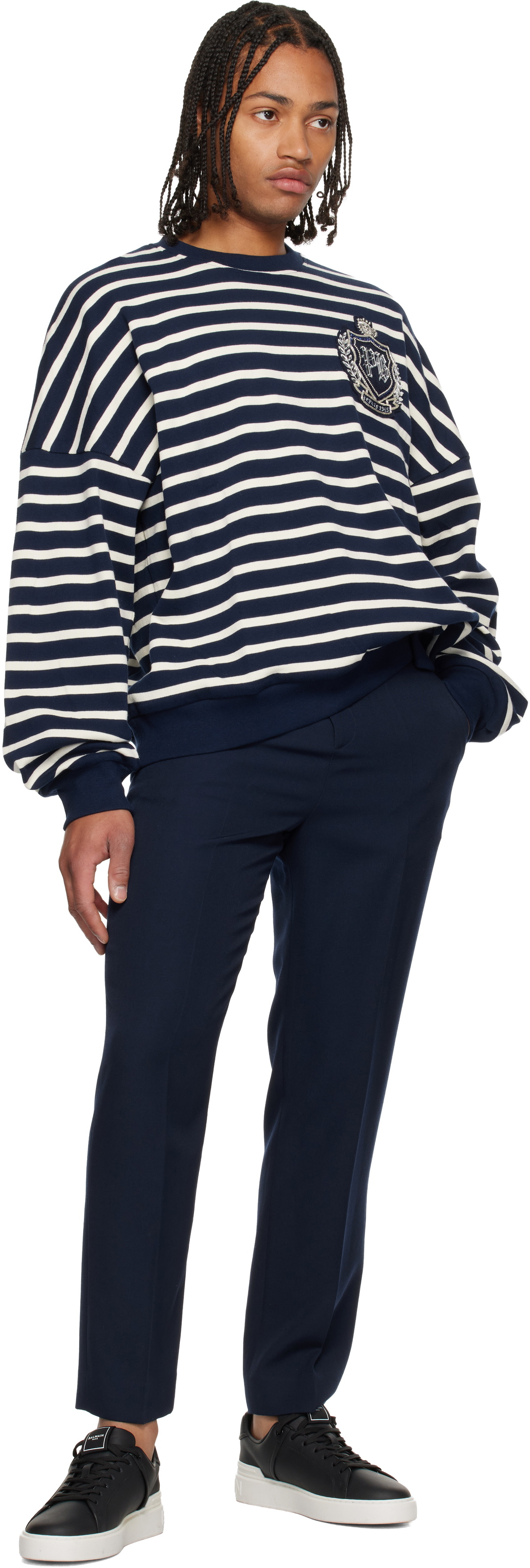 Balmain Navy & White Cotton College Emblem Breton Stripes Sweatshirt
