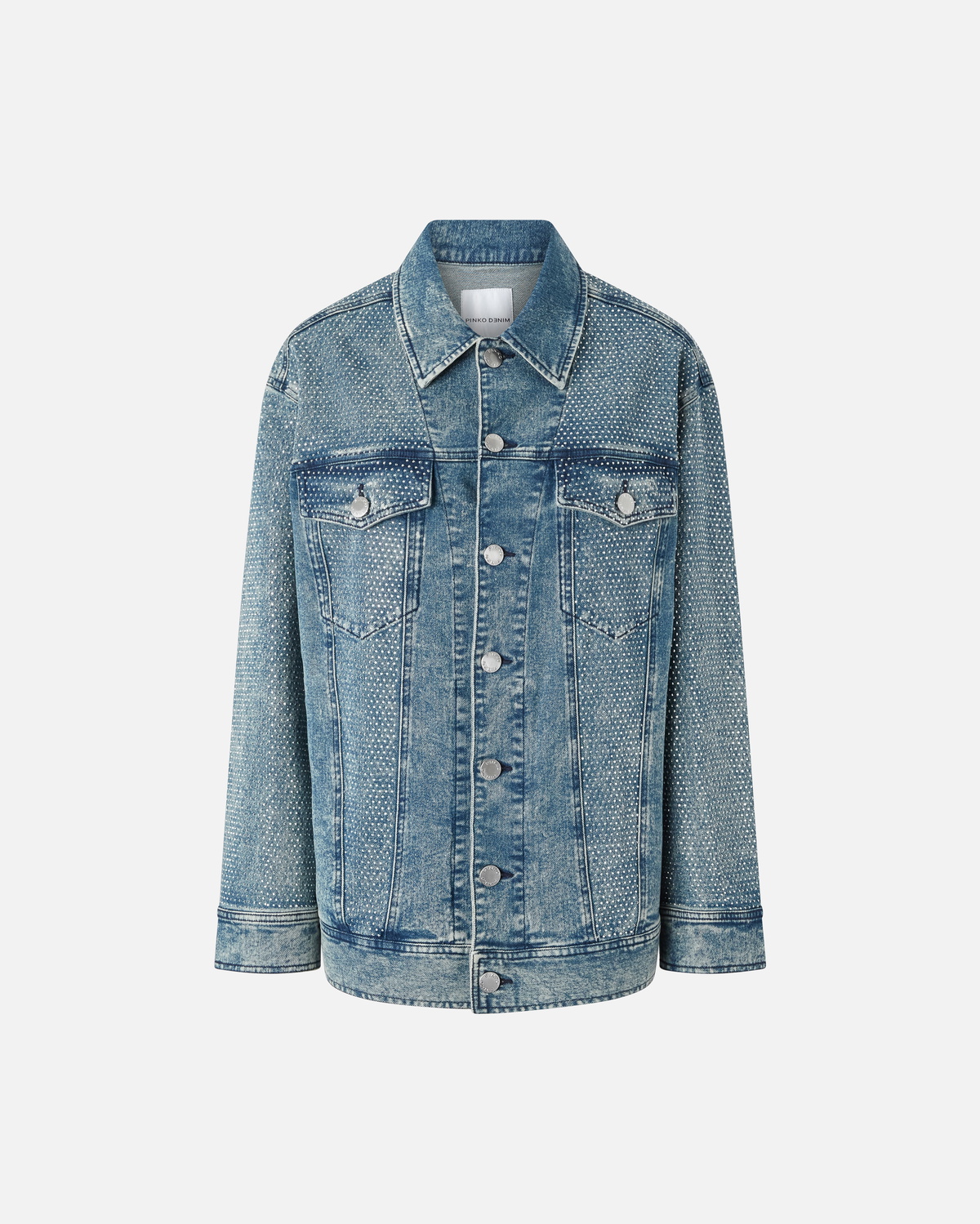 Pinko Denim Jacket With Rhinestones And Studs Dark Mid Wash