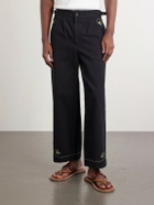 BODE - Lucky Draw Straight-Leg Pleated Embroidered Cotton-Twill Trousers - Black