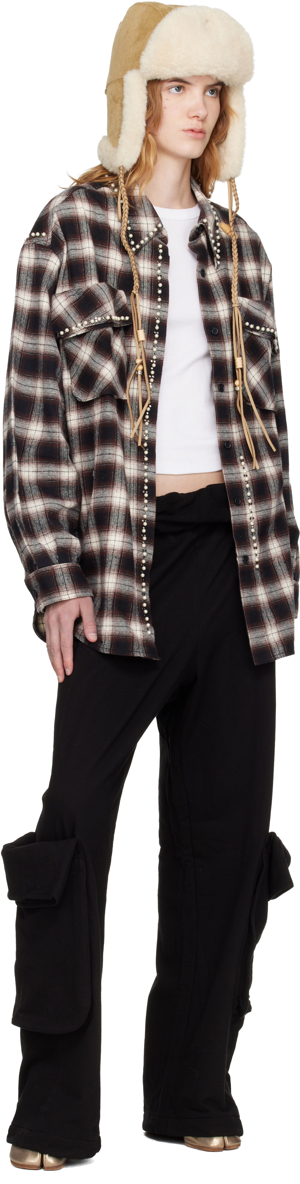 OPEN YY Brown & White Beaded Pocket Shirt