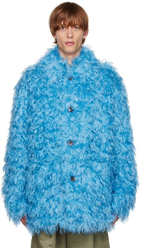 Photo: Dries Van Noten Blue Fluffy Faux-Fur Coat