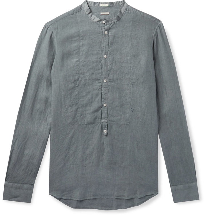 Photo: Massimo Alba - Kos Garment-Dyed Grandad-Collar Poplin-Trimmed Linen Half-Placket Shirt - Gray