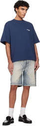 We11done Blue Embroidery Washed Denim Shorts