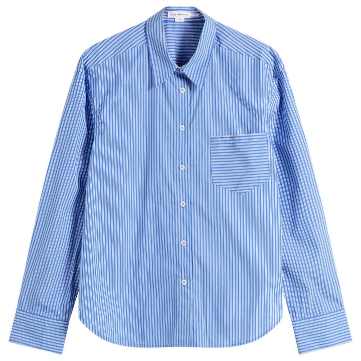 Photo: Good American Women's Poplin Classic Boxy Shirt in Blue/White Stripe