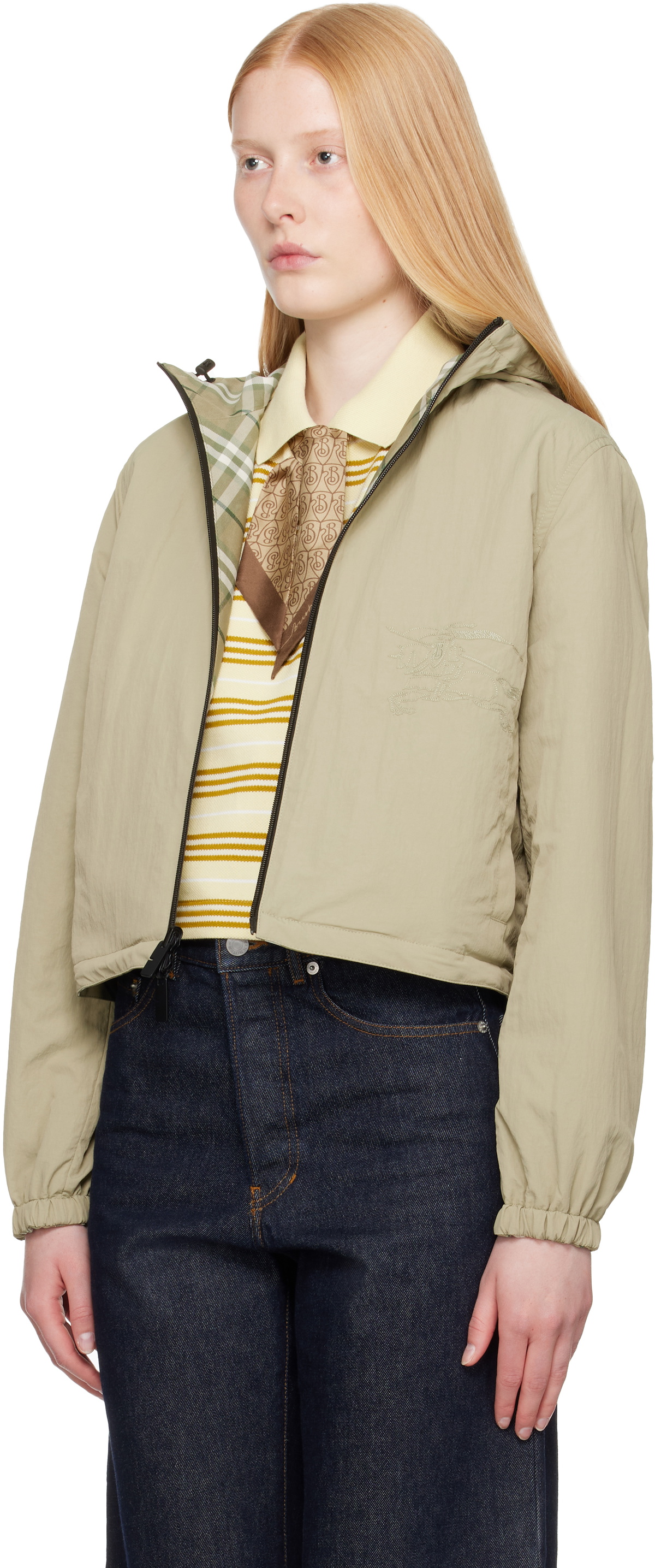 Burberry Green Cropped Check Reversible Hoodie