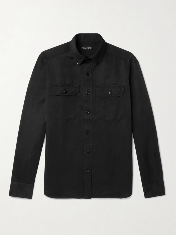 Photo: TOM FORD - Slim-Fit Button-Down Collar Garment-Dyed Linen and Cotton-Blend Shirt - Black