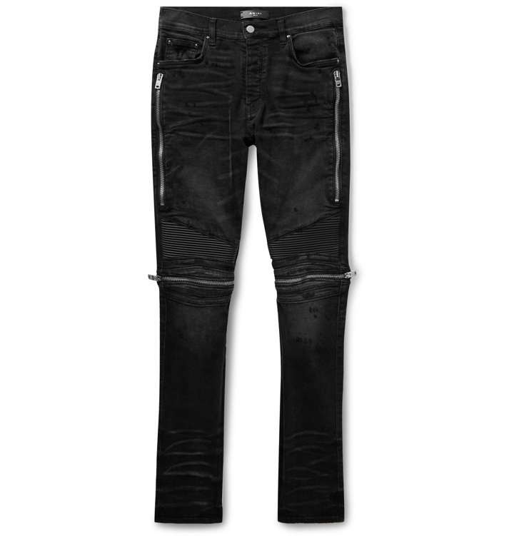Photo: AMIRI - MX2 Skinny-Fit Leather-Panelled Distressed Stretch-Denim Jeans - Black