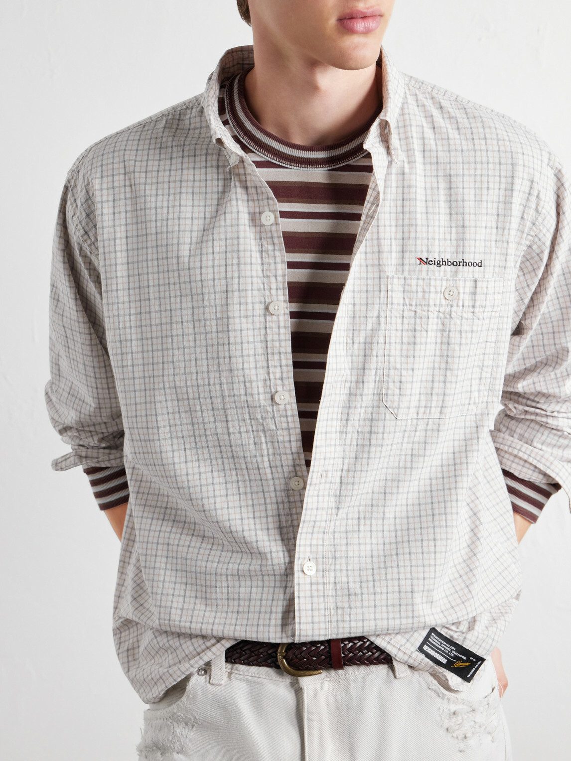 Neighborhood - Logo-Embroidered Checked Cotton-Poplin Shirt - White
