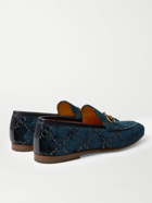 GUCCI - Jordaan Horsebit Leather-Trimmed Logo-Embroidered Velvet Loafers - Blue