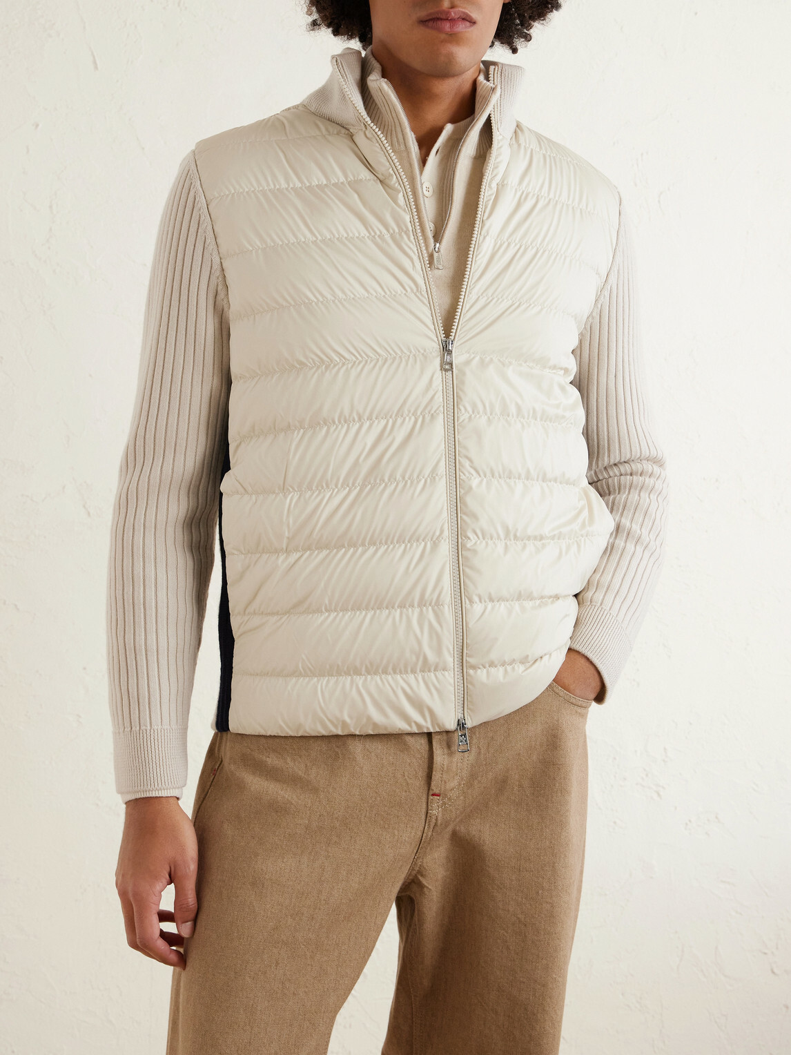 Moncler - Shell-Trimmed Ribbed Wool Down Zip-Up Cardigan - Neutrals