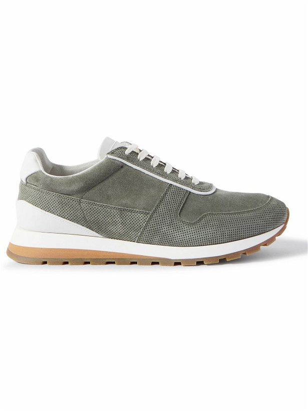 Photo: Brunello Cucinelli - Leather-Trimmed Perforated Suede Sneakers - Green