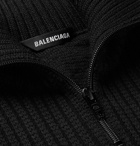 BALENCIAGA - Oversized Fleece-Panelled Logo-Intarsia Ribbed Wool-Blend Sweater - Black