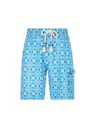MC2 Saint Barth Man Linen Bermuda Shorts With White And Light Blue Majolica Print