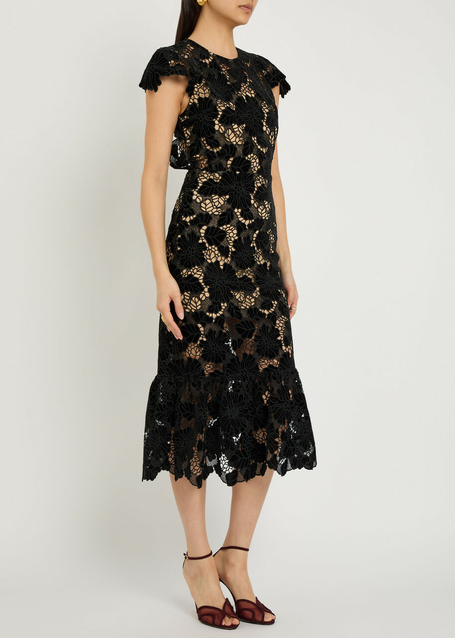 Alice + Olivia Clover Cutwork Lace Midi Dress Black