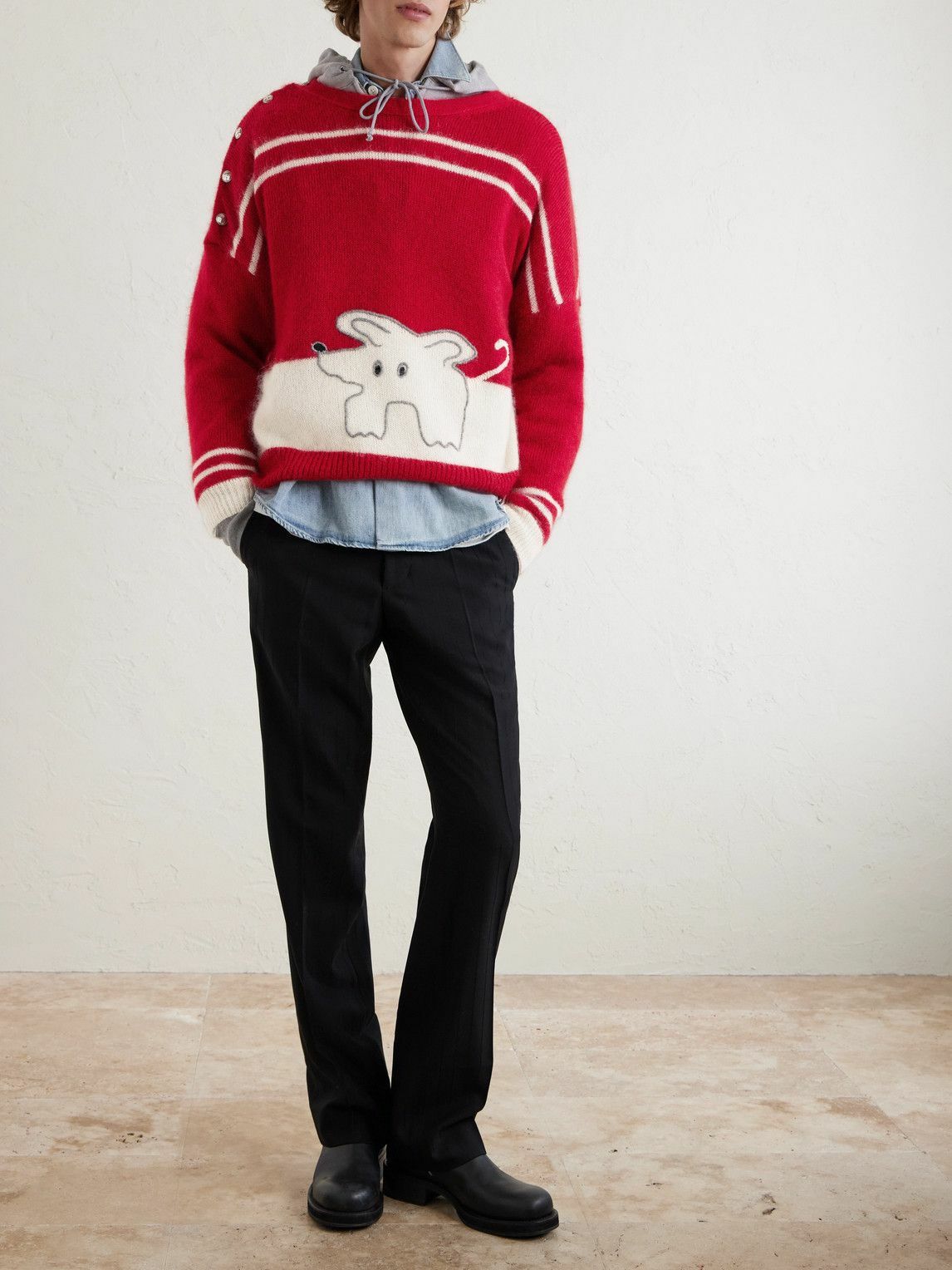 Enfants Riches Déprimés - Rat Embroidered Striped Mohair and Silk-Blend Sweater - Red