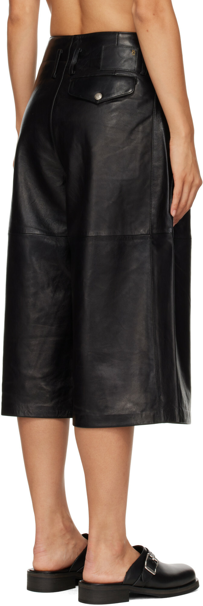R13 Black Triple Pleat Culotte Leather Shorts