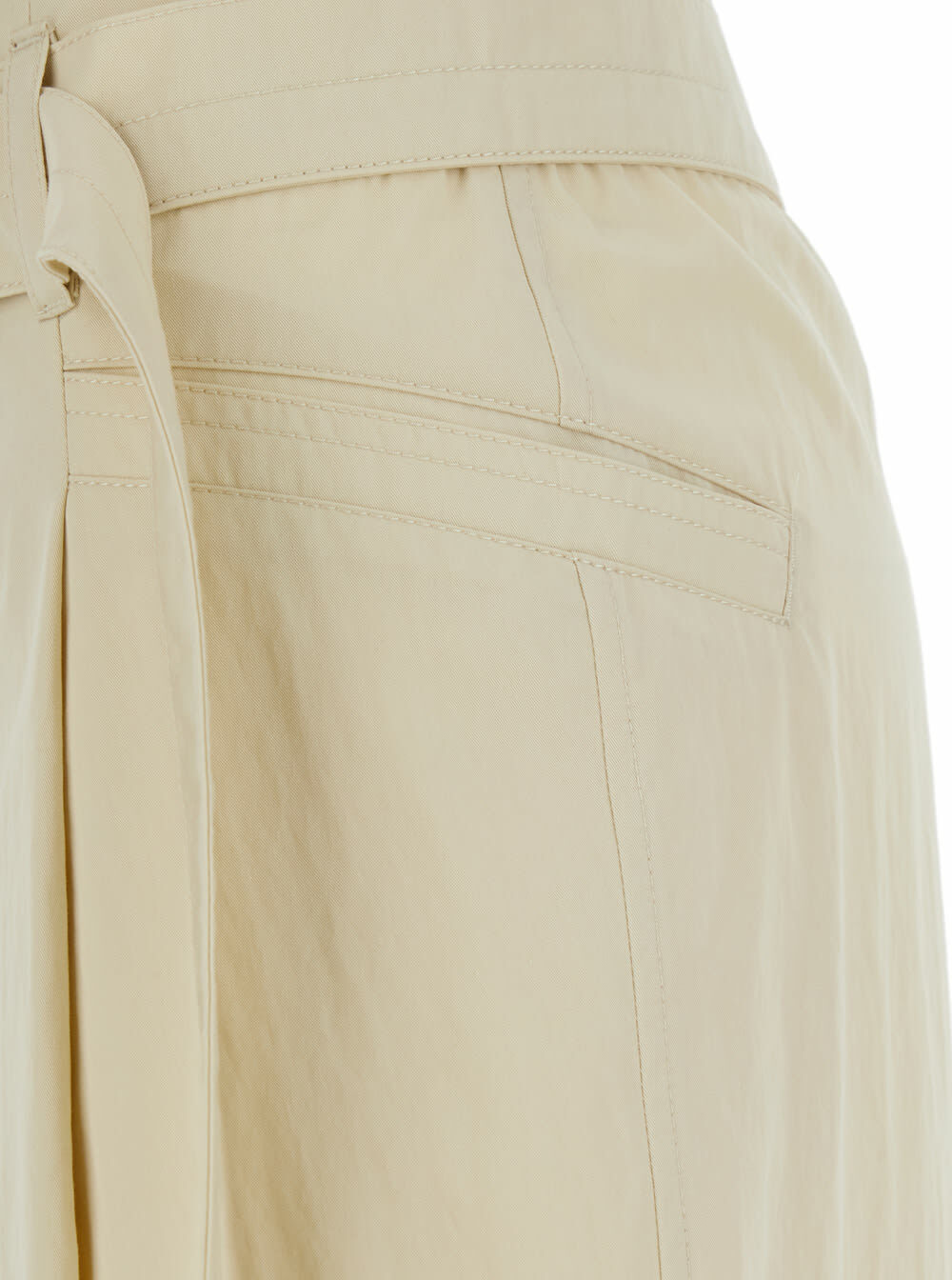 Low Classic Beige Pants With Double Belt And Pleated Details In Cotton Blend Woman