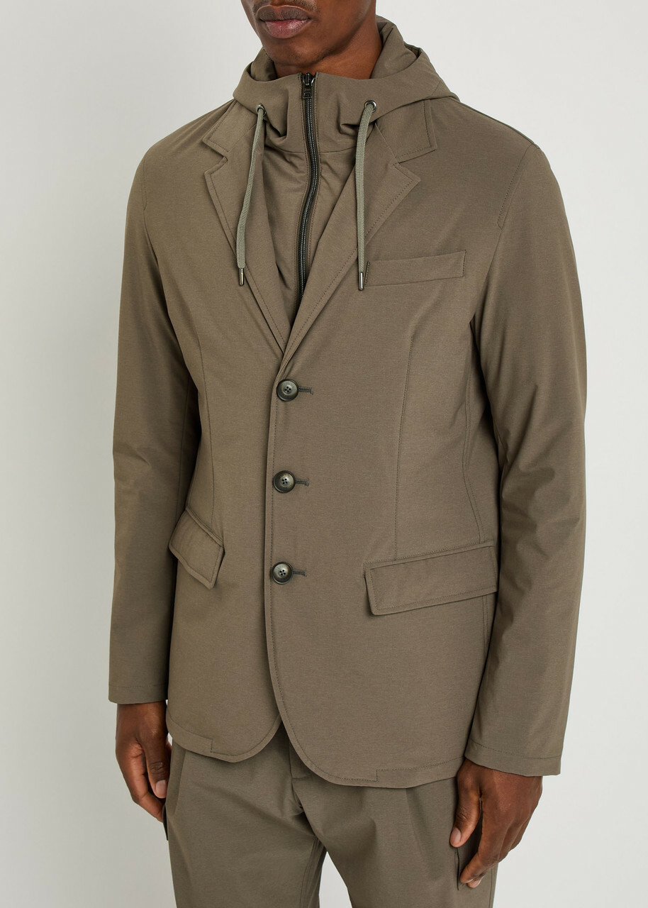 Herno Hooded-insert Layered Nylon Blazer Jacket Taupe