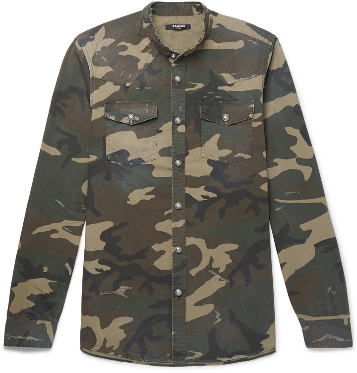 Photo: Balmain - Slim-Fit Grandad-Collar Distressed Camouflage Cotton Shirt - Green