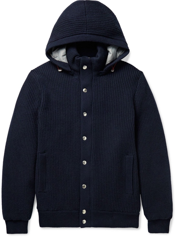 Photo: BRUNELLO CUCINELLI - Ribbed Cashmere and Shell Hooded Down Cardigan - Blue