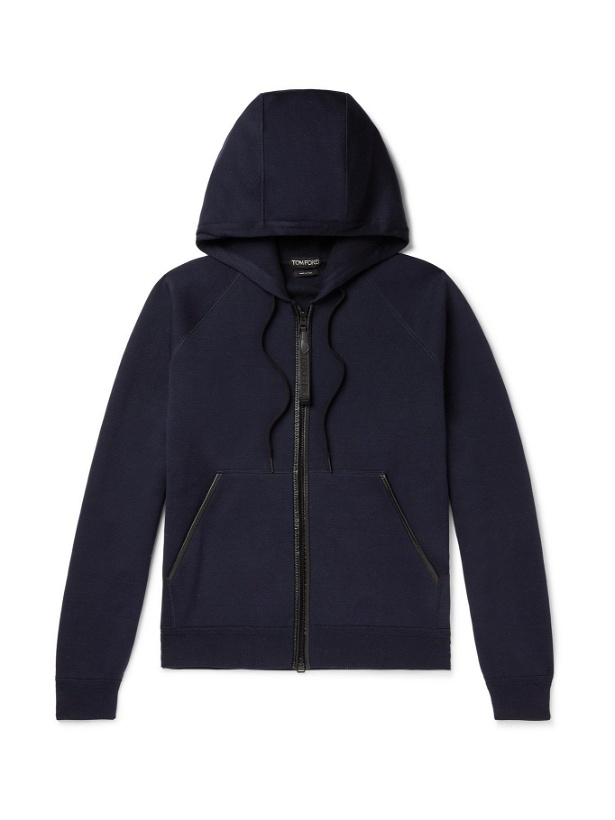 Photo: TOM FORD - Leather-Trimmed Double-Faced Cotton-Blend Jersey Zip-Up Hoodie - Blue