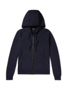 TOM FORD - Leather-Trimmed Double-Faced Cotton-Blend Jersey Zip-Up Hoodie - Blue