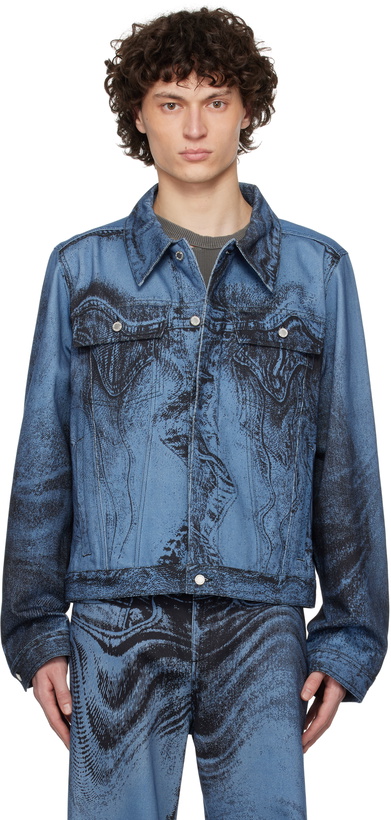 Photo: CAMPERLAB Blue & Black Distorted Print Denim Jacket