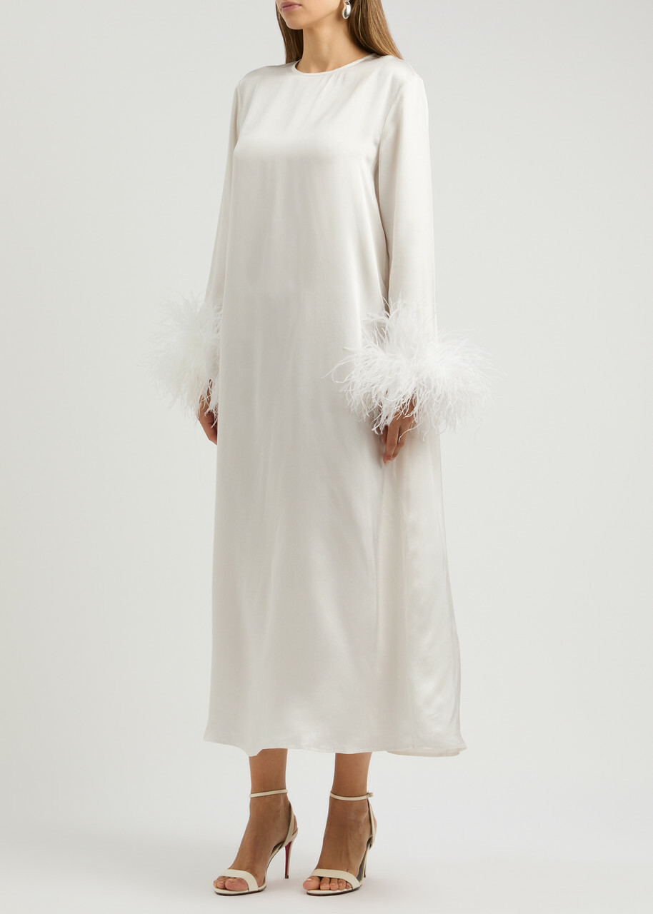 Sleeper Suzi Feather-trimmed Satin Midi Dress White Sleeper