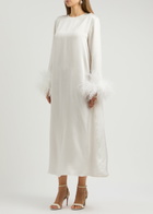 Sleeper Suzi Feather-trimmed Satin Midi Dress White