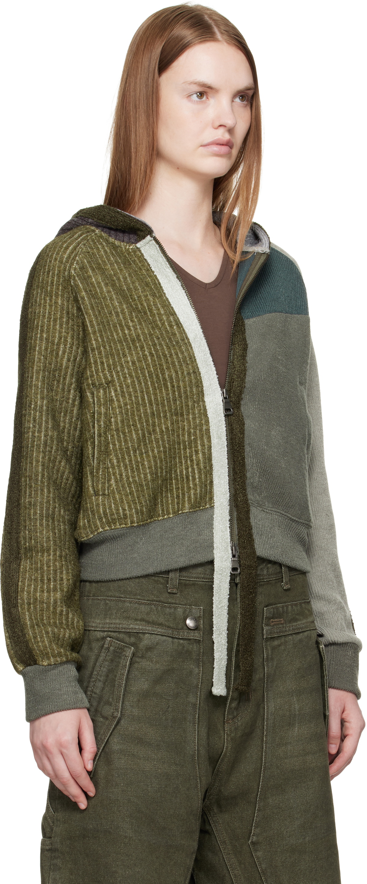 Andersson Bell Green Color Blocked Knit Zip Hoodie