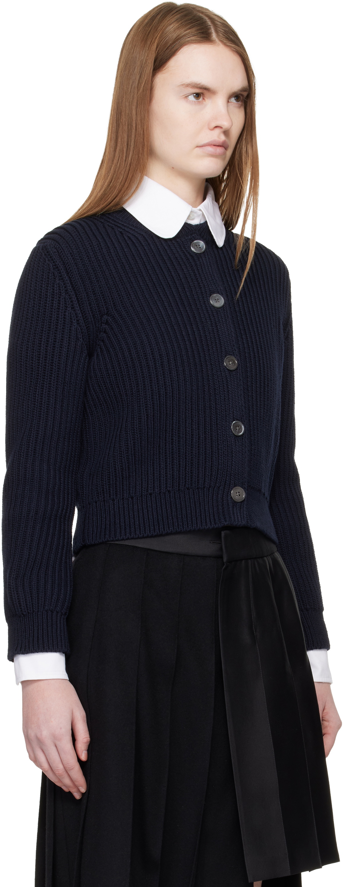 Thom Browne Navy Full Stitch Cropped Crew Neck Cardigan