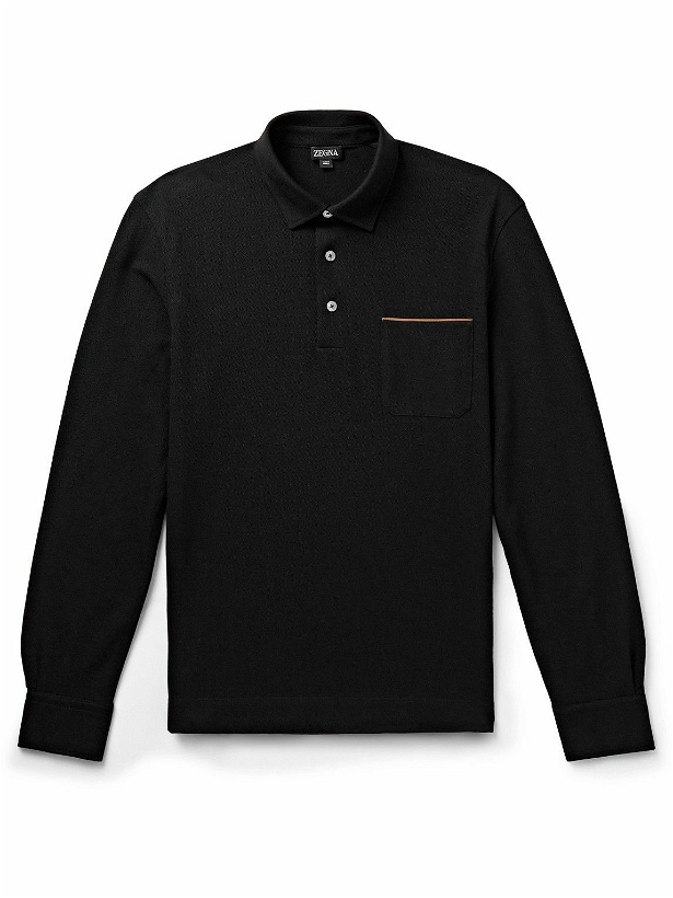 Photo: Zegna - Slim-Fit Suede-Trimmed Cotton-Piqué Polo Shirt - Black