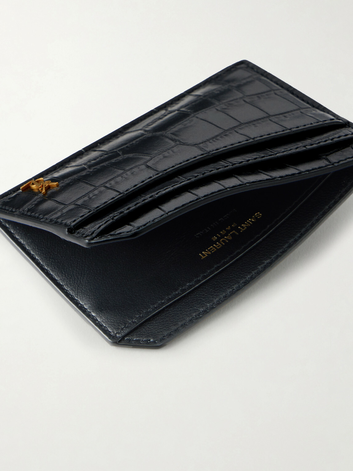 SAINT LAURENT - Tiny Cassandre Logo-Appliquéd Croc-Effect Patent-Leather Cardholder
