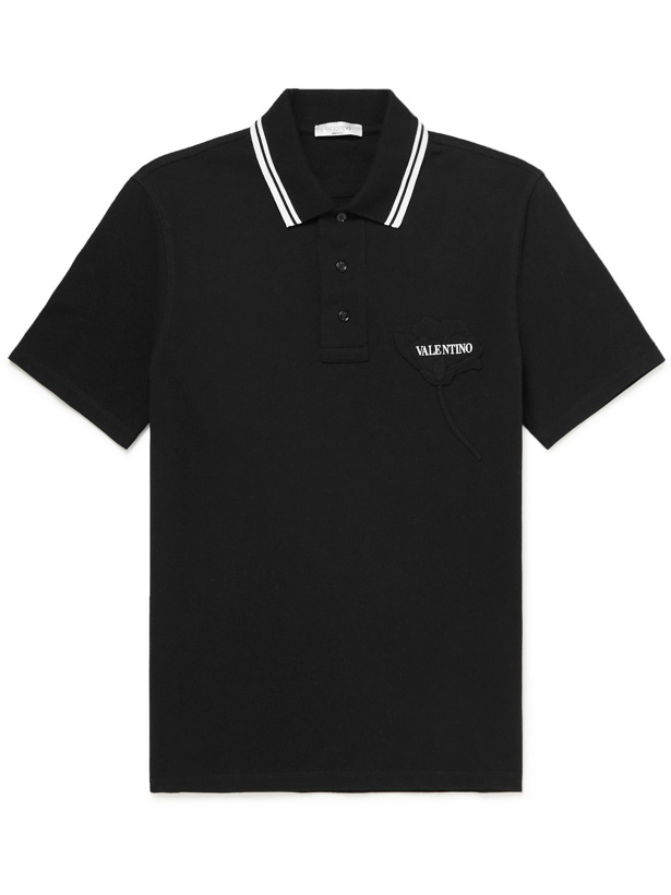 Photo: VALENTINO - Slim-Fit Appliquéd Contrast-Tipped Cotton-Piqué Polo Shirt - Black