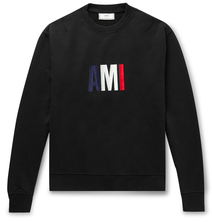 Photo: AMI - Slim-Fit Logo-Embroidered Loopback Cotton-Jersey Sweatshirt - Black