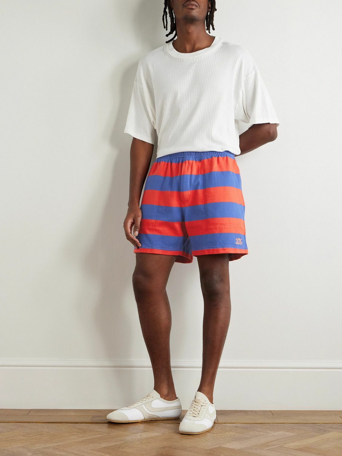 BODE - Clubhouse Wide-Leg Logo-Embroidered Striped Cotton-Jersey Shorts - Red