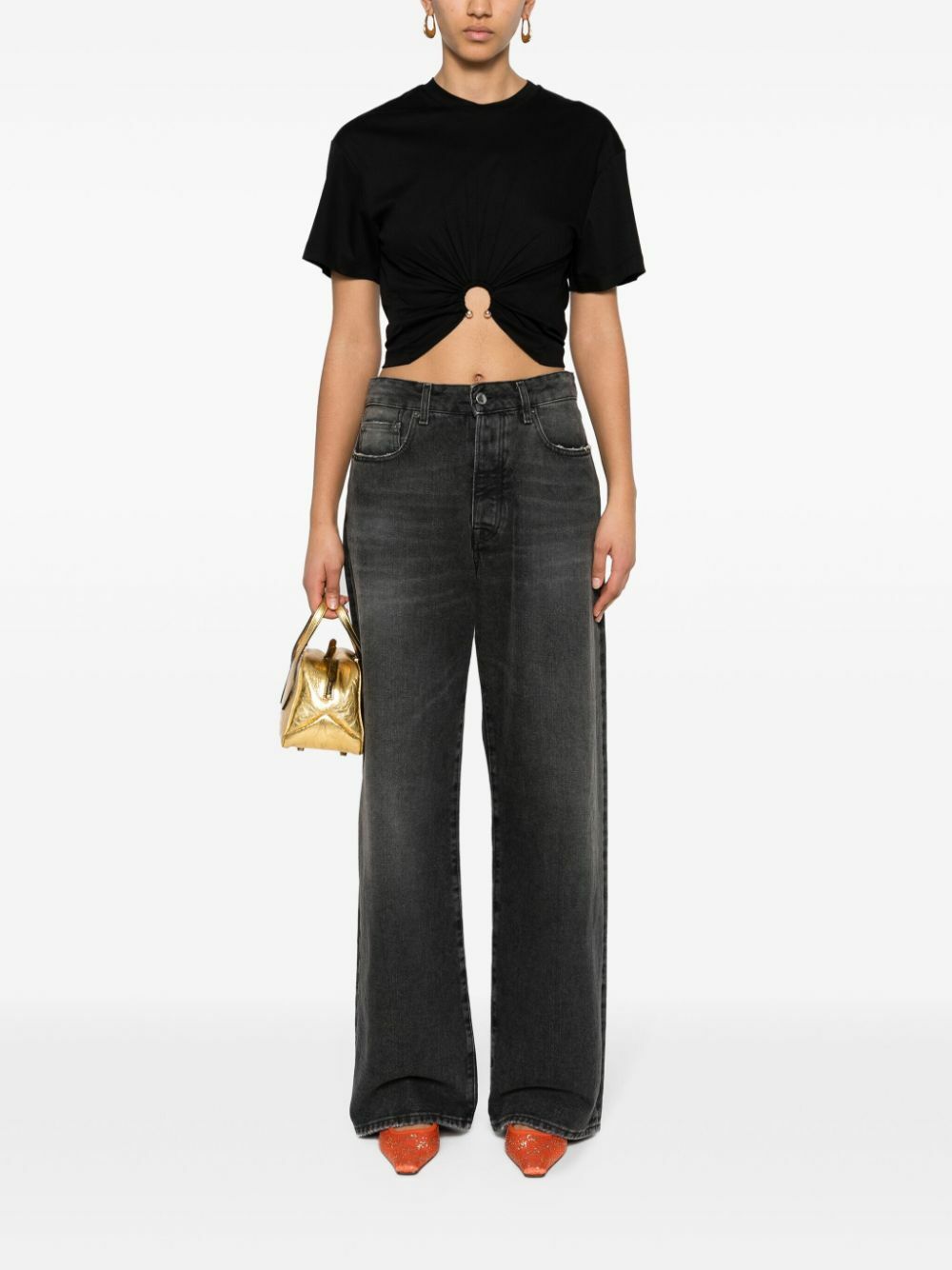 Tシャツ・カットソー PACO RABANNE Black Stretch Cotton Top Rabanne Black Cropped Cotton T-Shirt Paco Rabanne