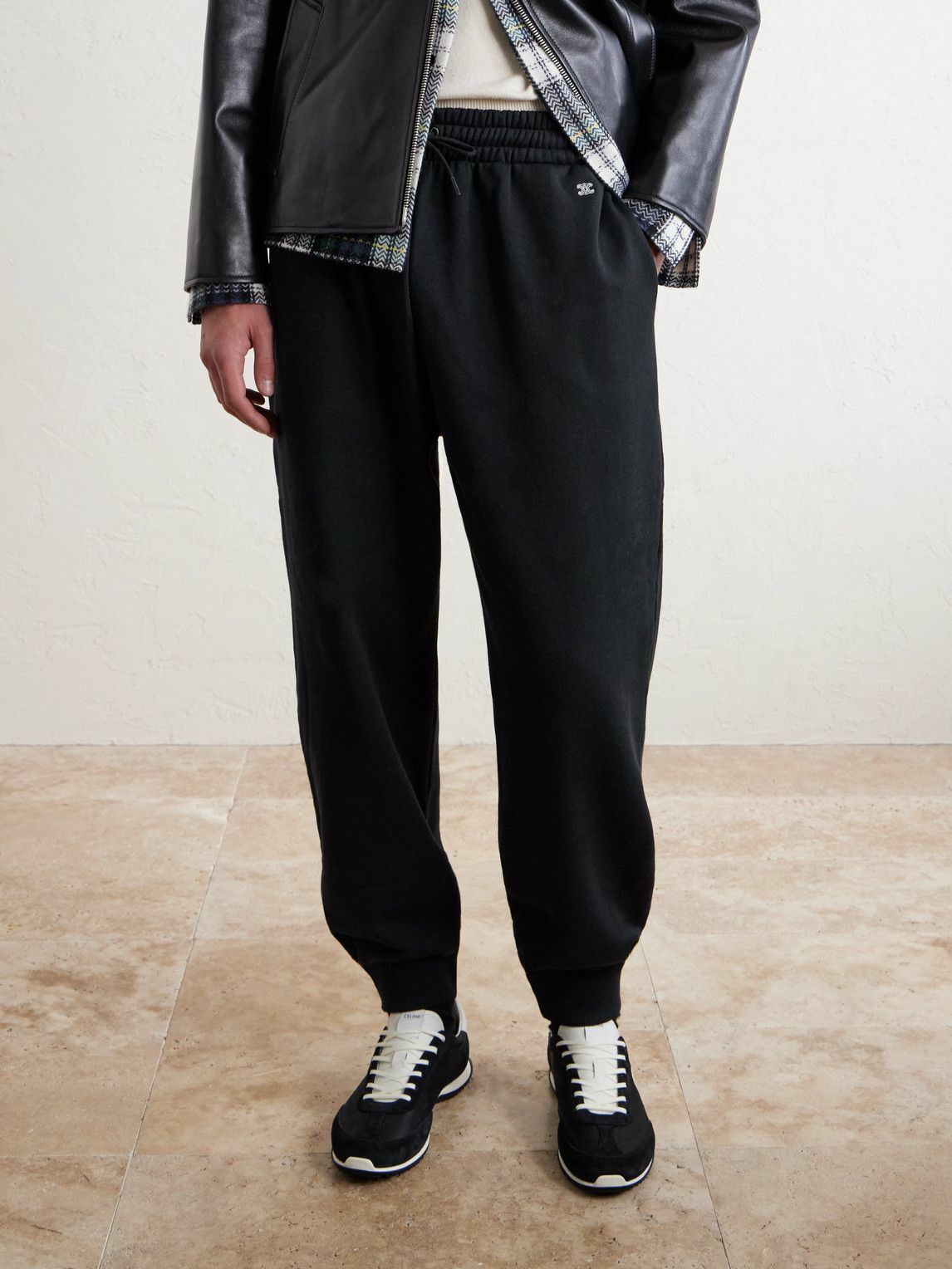 CELINE - Tapered Logo-Embroidered Cotton Sweatpants - Black