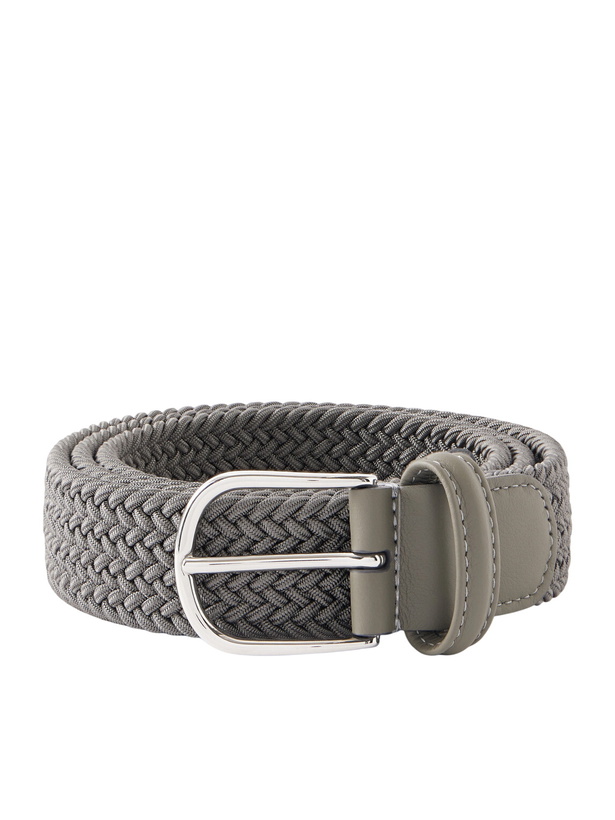 Photo: Anderson's - 3.5cm Leather-Trimmed Woven Elastic Belt - Gray