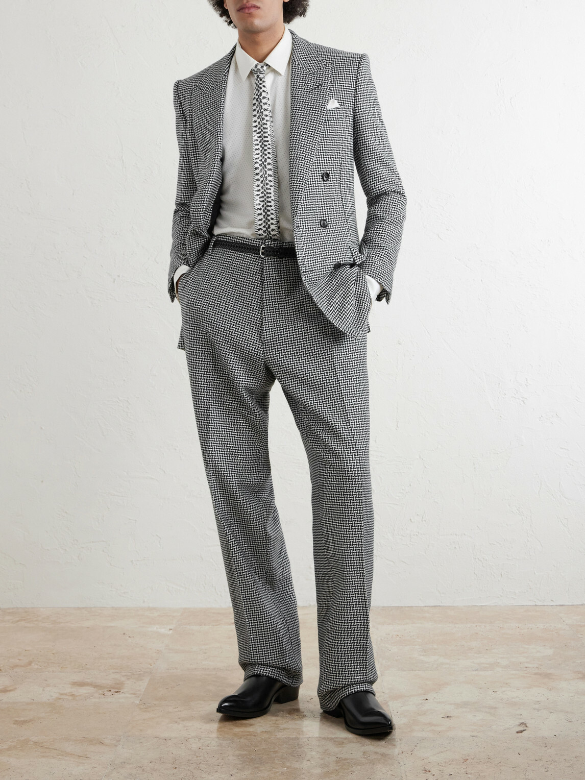 TOM FORD - Straight-Leg Sequin-Detailed Houndstooth Wool-Blend Suit Trousers - Black