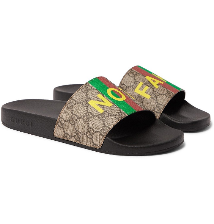 Photo: Gucci - Printed Leather-Trimmed Monogrammed Coated-Canvas Slides - Brown